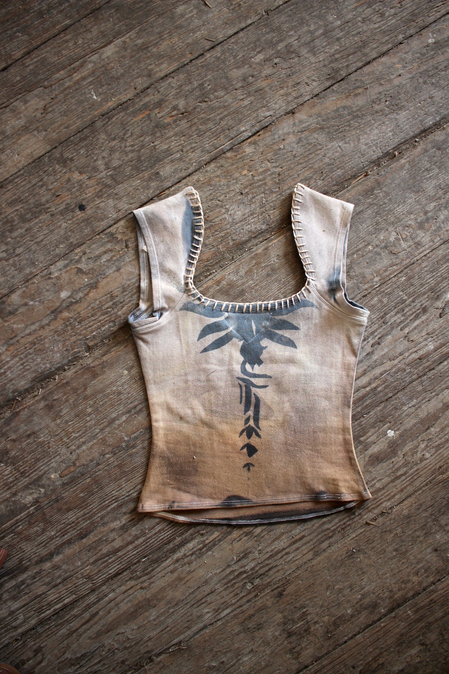 SMALL- Organic Hemp/Cotton/Spandex- The last basket top - Luna-flake Basket top - Hand embroidered neckline- Made to order-