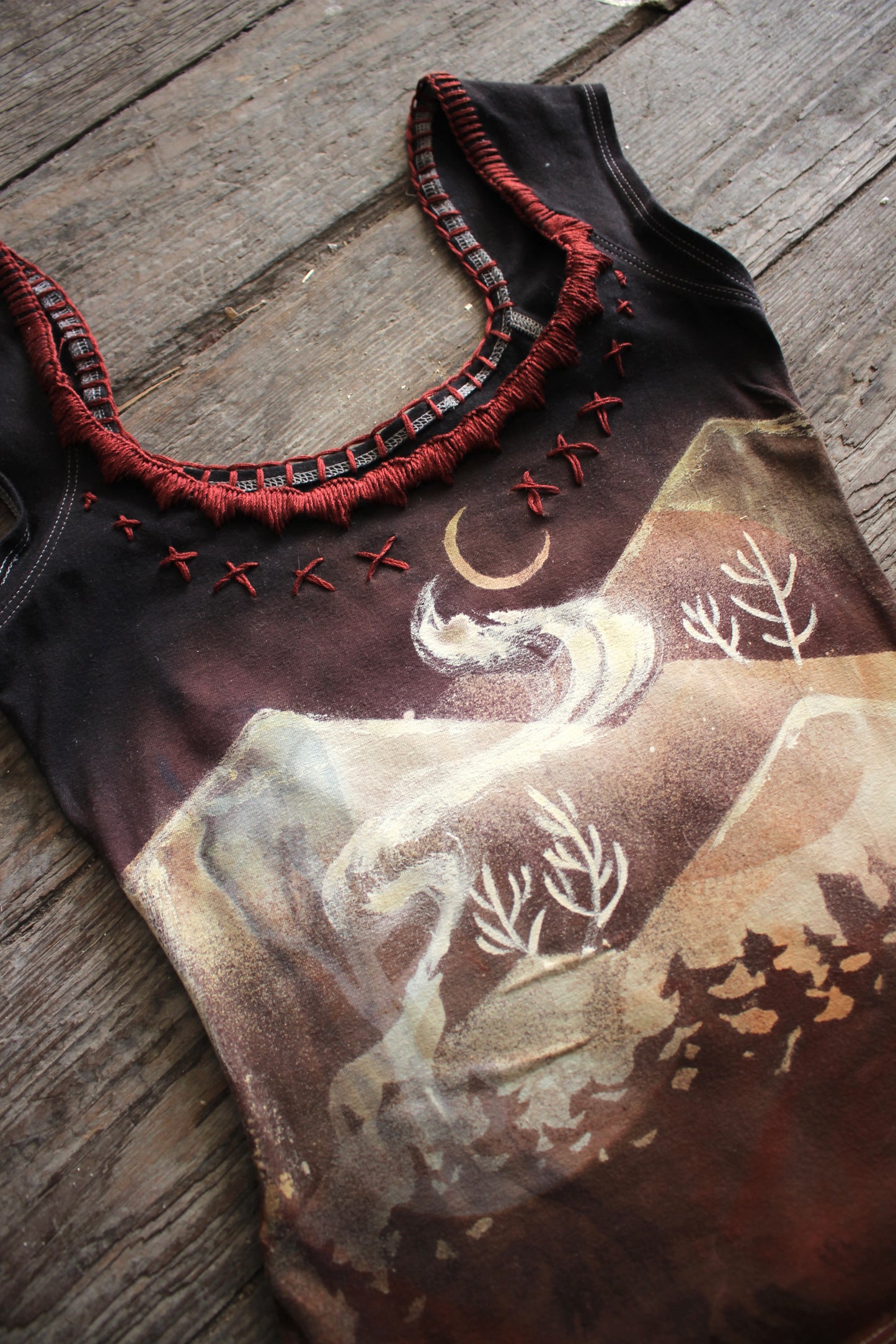 SMALL - Deep Howls of Midnight - Deep red hand embroidered neckline -Free flow strokes