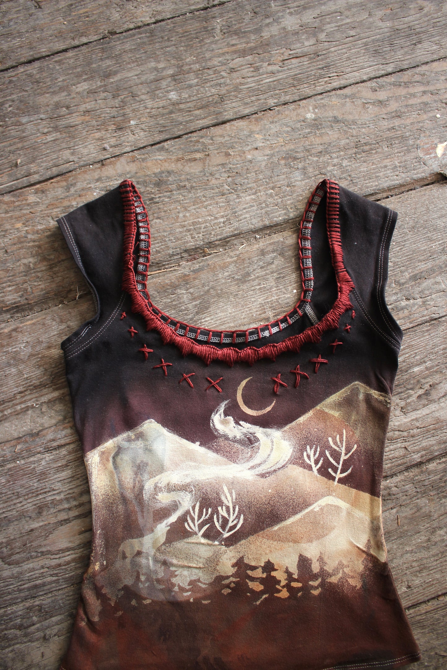 SMALL - Deep Howls of Midnight - Deep red hand embroidered neckline -Free flow strokes