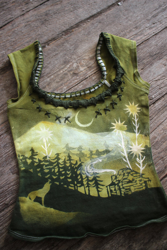 XS - Emerald "Where the Sunflowers grow" Cabin in the woods Basket Top - Hand embroidered neckline