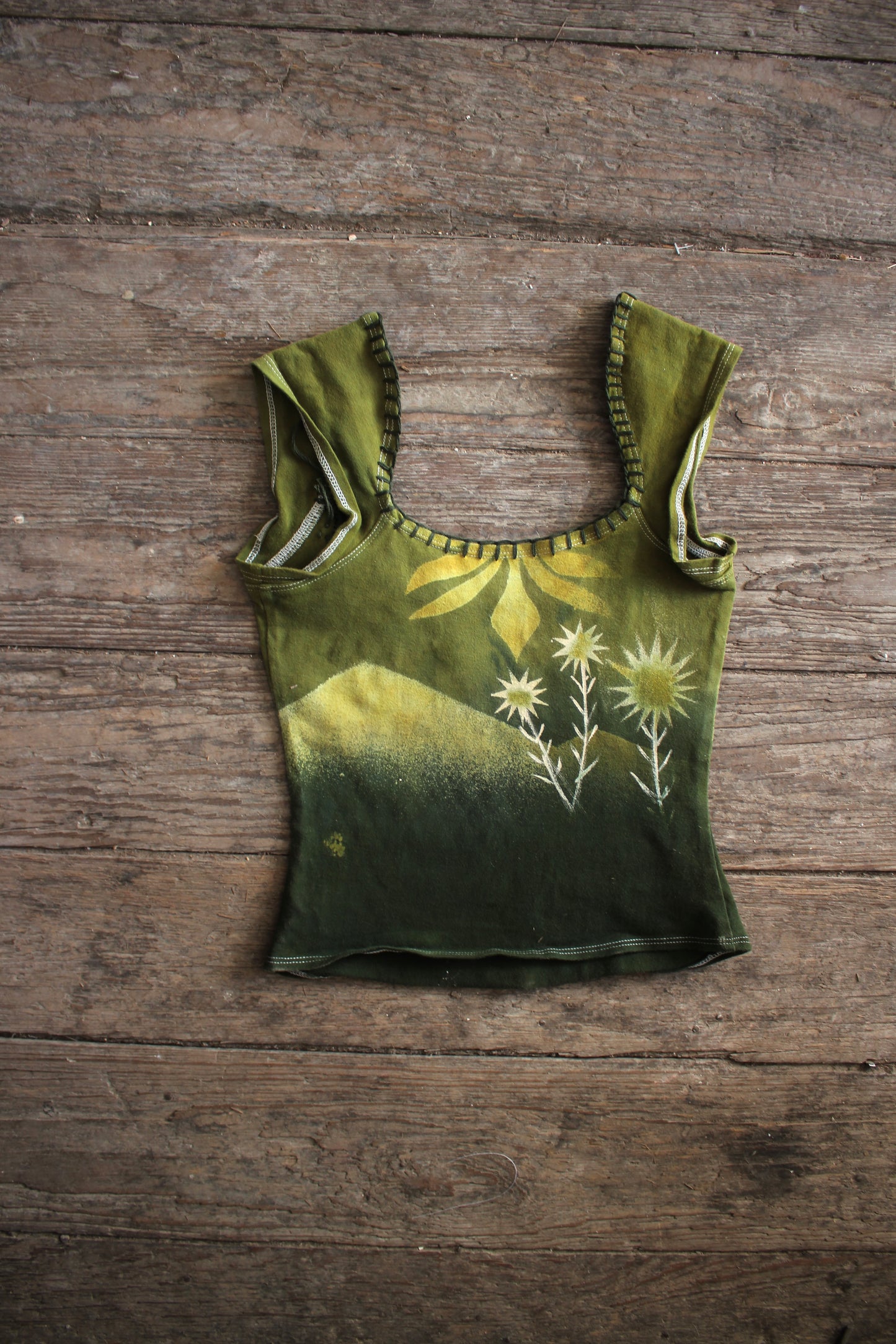 XS - Emerald "Where the Sunflowers grow" Cabin in the woods Basket Top - Hand embroidered neckline