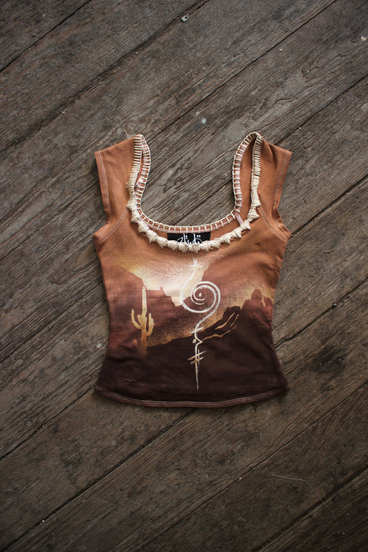 XS - Desert of Mesmeration Basket top - Hand embroidered neckline - Handpainted details