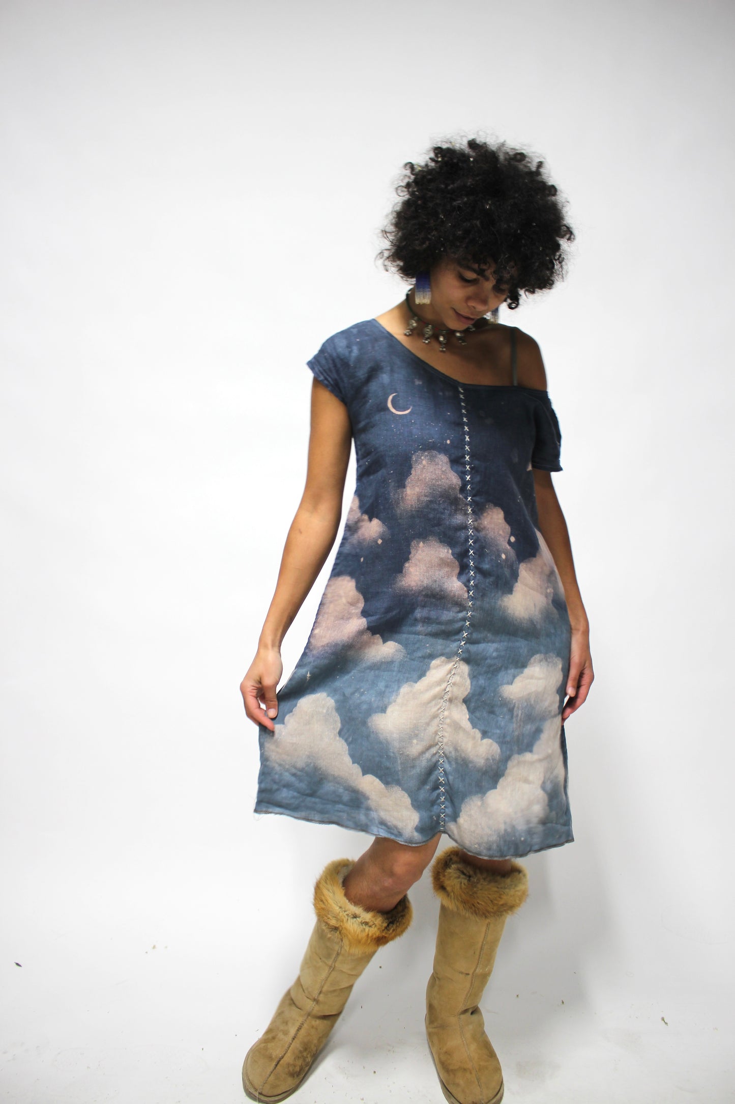 MTO(Made to Order) SMALL/MEDIUM - Blue Skies Organic Linen Dress - Hand embroidered center front