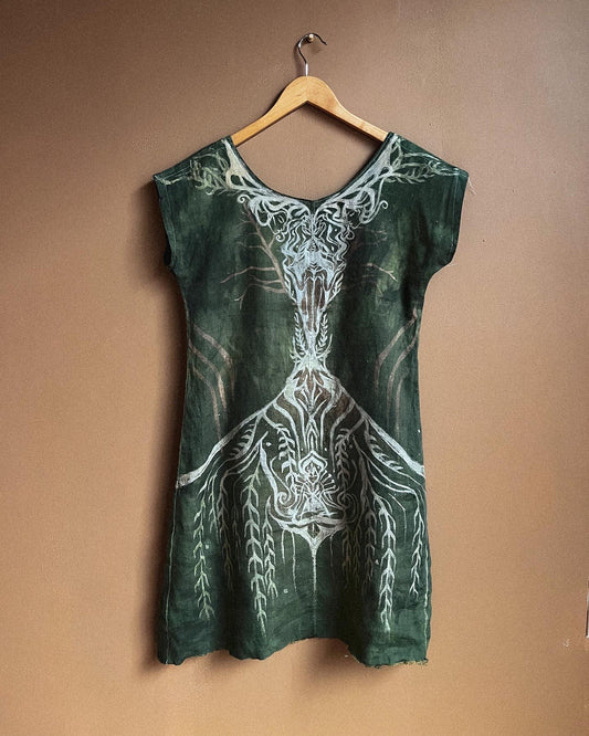 S/M - As above so below- Hand painted freehand Green organic linen tunic dress