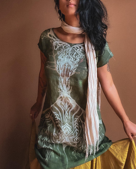 S/M - As above so below- Hand painted freehand Green organic linen tunic dress