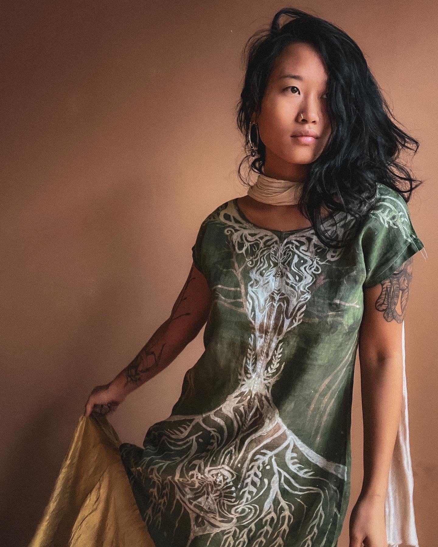 S/M - As above so below- Hand painted freehand Green organic linen tunic dress