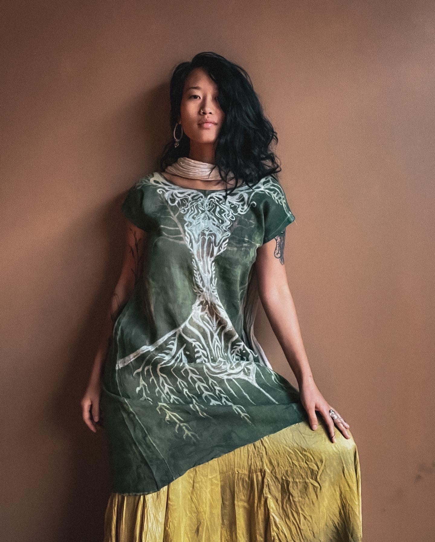 S/M - As above so below- Hand painted freehand Green organic linen tunic dress