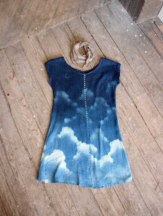 SMALL - Organic Indigo sky/Clouds Plant dyed Cotton gauze T-shirt dress Tunic